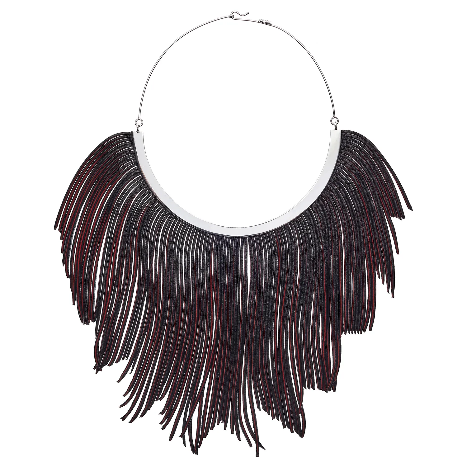 Lorella Tamberi Canal Flames collier cuir franges noir rouge