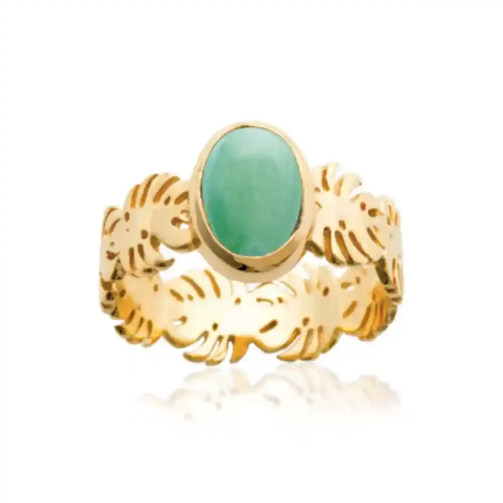 Oriana France bague palmier aventurine plaqué or verte