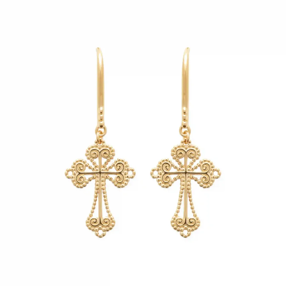 Oriana France boucles pendantes plaqué or croix chrétienne