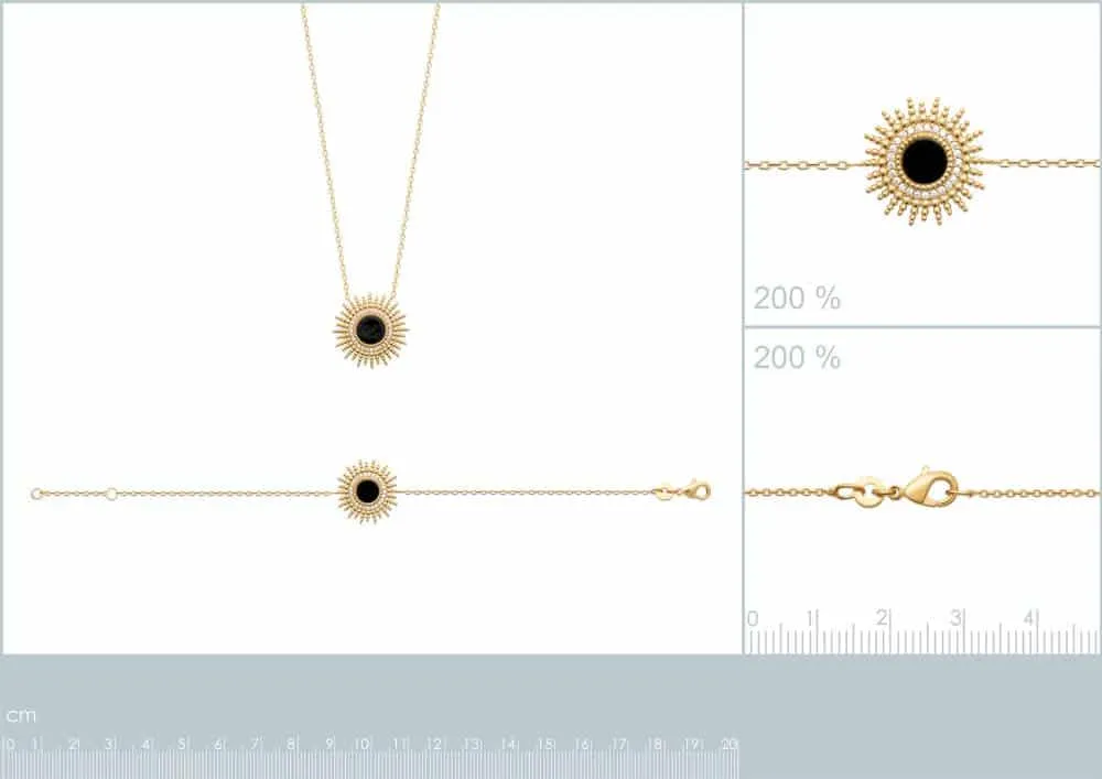 Oriana France collier soleil agate noire plaqué or zircons