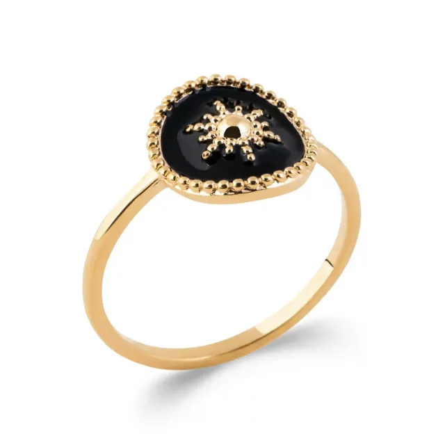 Oriana France bague soleil laque noire plaqué or perlée