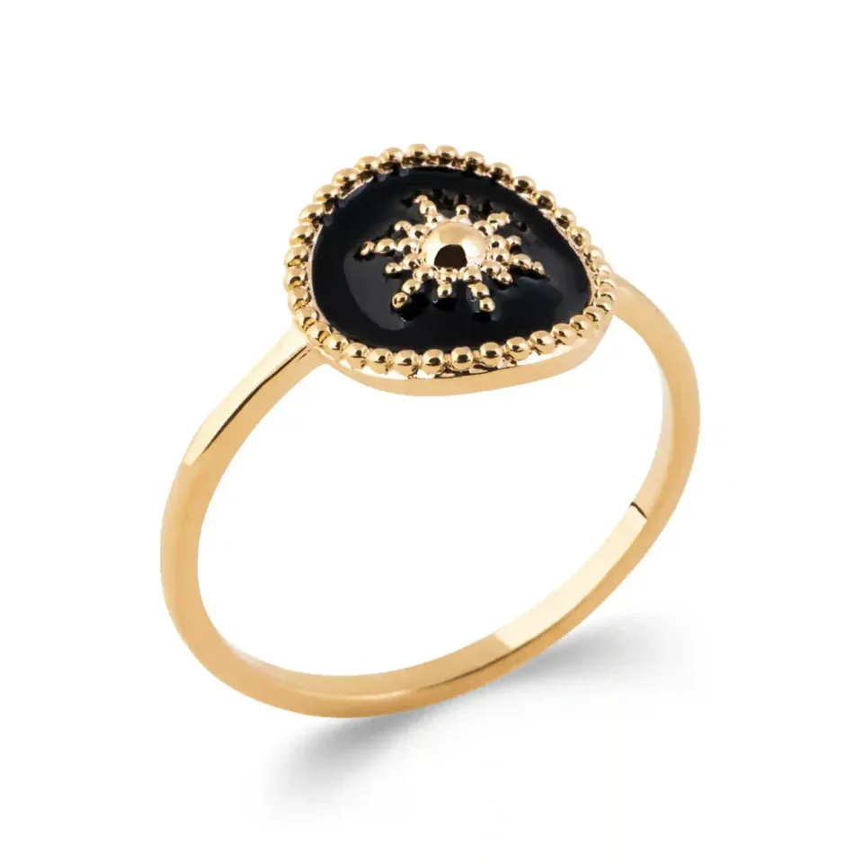 Oriana France bague soleil laque noire plaqué or perlée