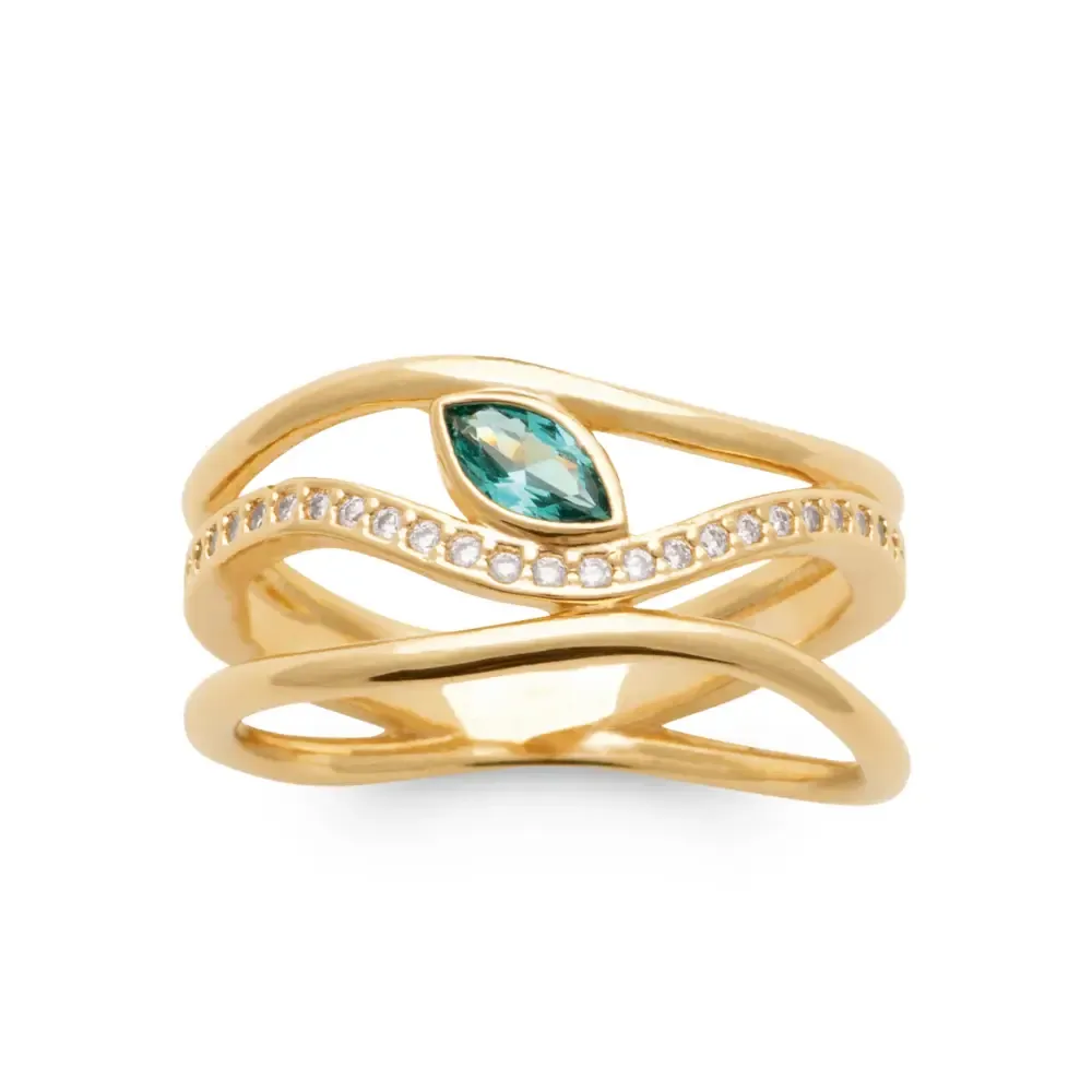 Oriana France bague 3 anneaux plaqué or émeraude verte
