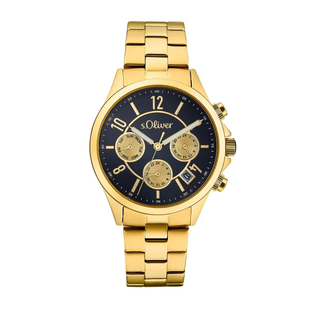 s.Oliver Montre femme acier doré cadran noir multifonction