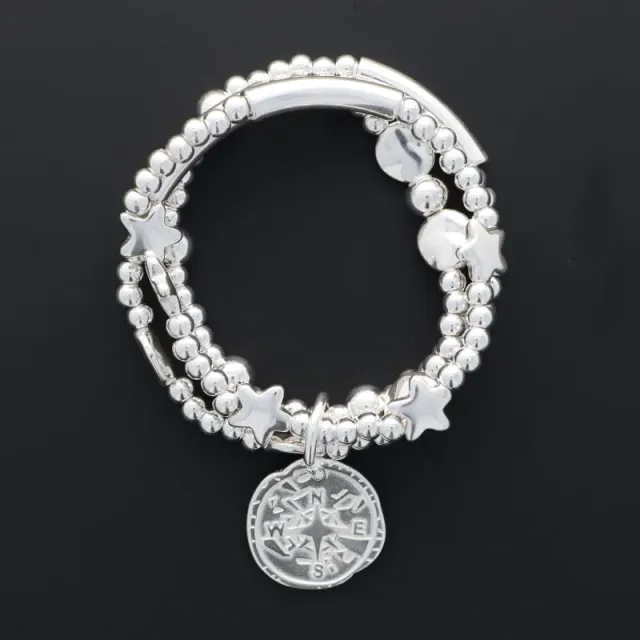 Secret de Cuir N°1112 bracelet trio perles boussole argenté
