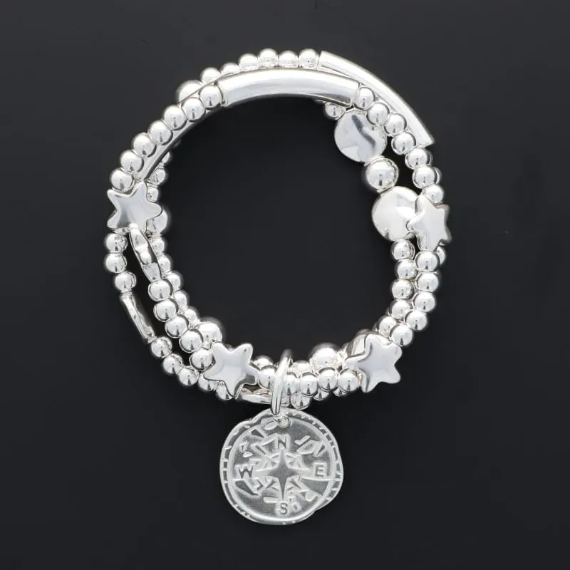 Secret de Cuir N°1112 bracelet trio perles boussole argenté