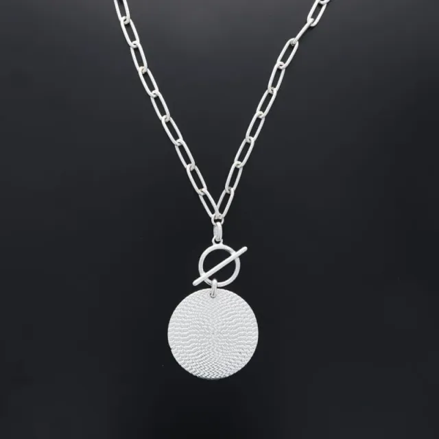 Secret de Cuir N°761 sautoir pastille striée XL argent