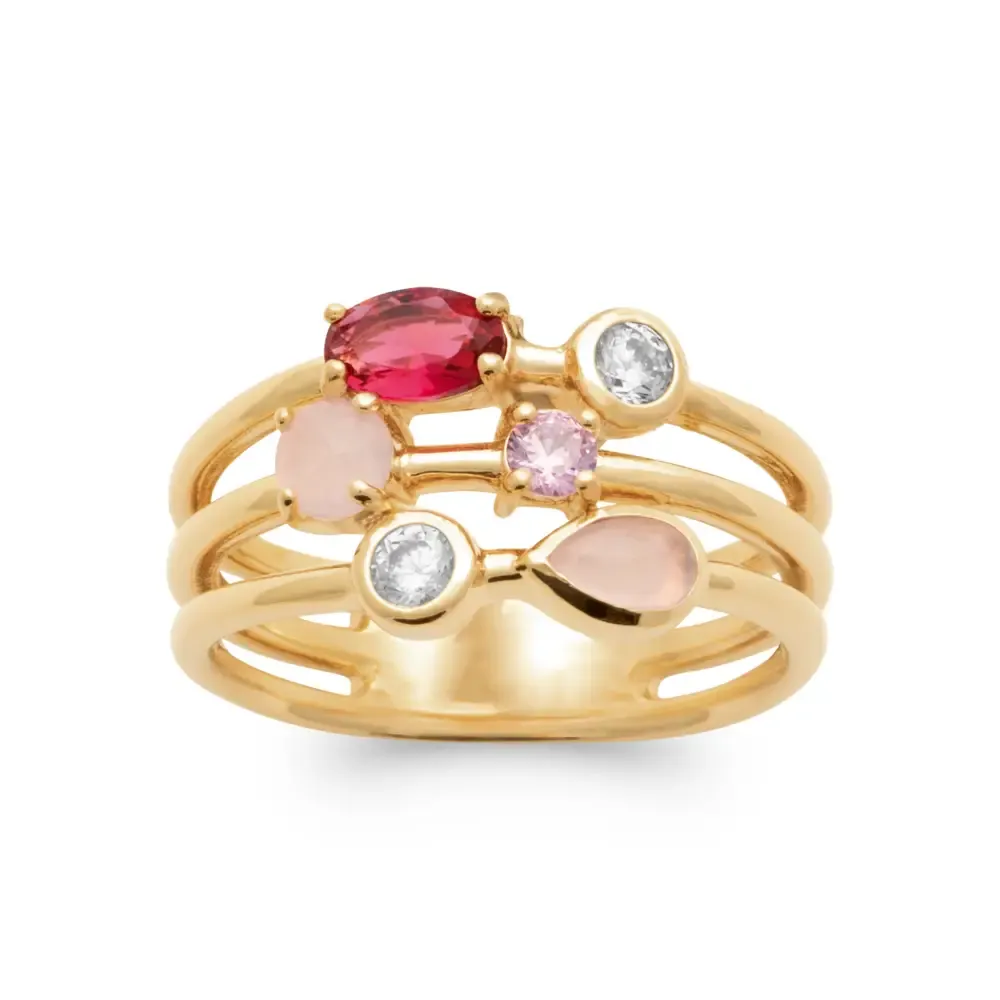 Oriana France bague trio anneaux rubis plaqué or
