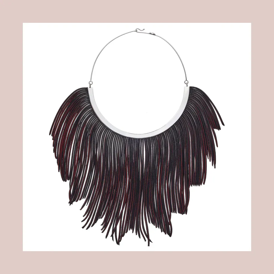 Lorella Tamberi Canal Flames collier cuir franges noir rouge