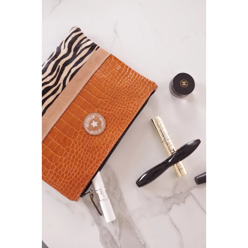 Secret de Cuir pochette cuir orange zèbre 26x19,5 cm