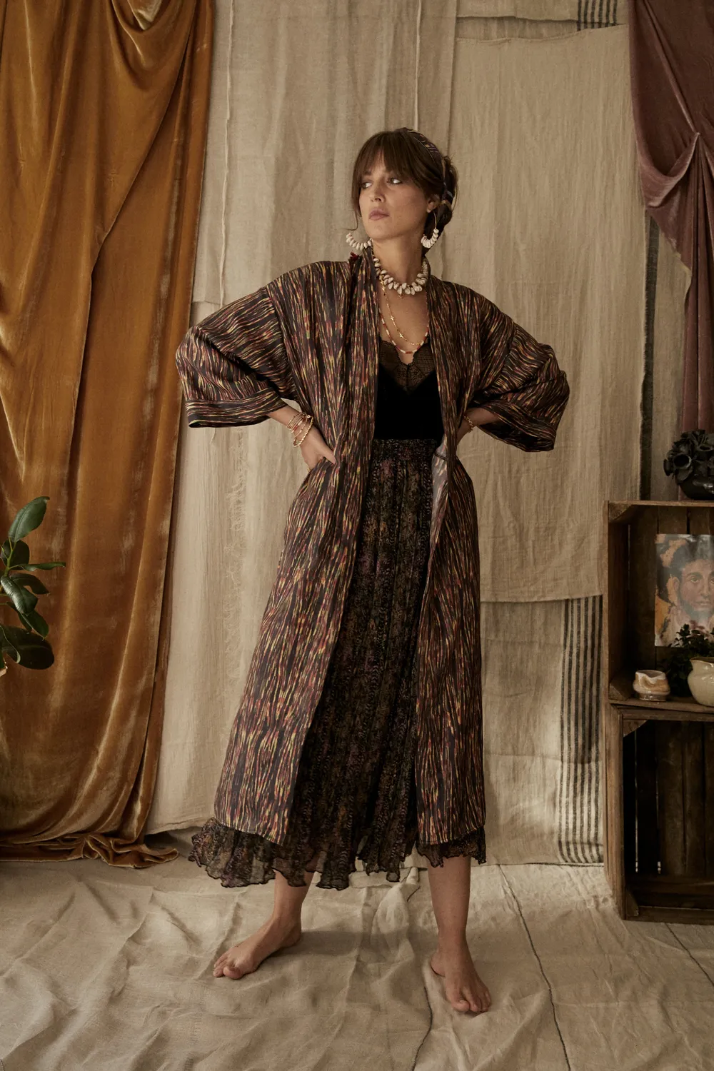 Elise Tsikis kimono soie ceinturé Carmen taille unique