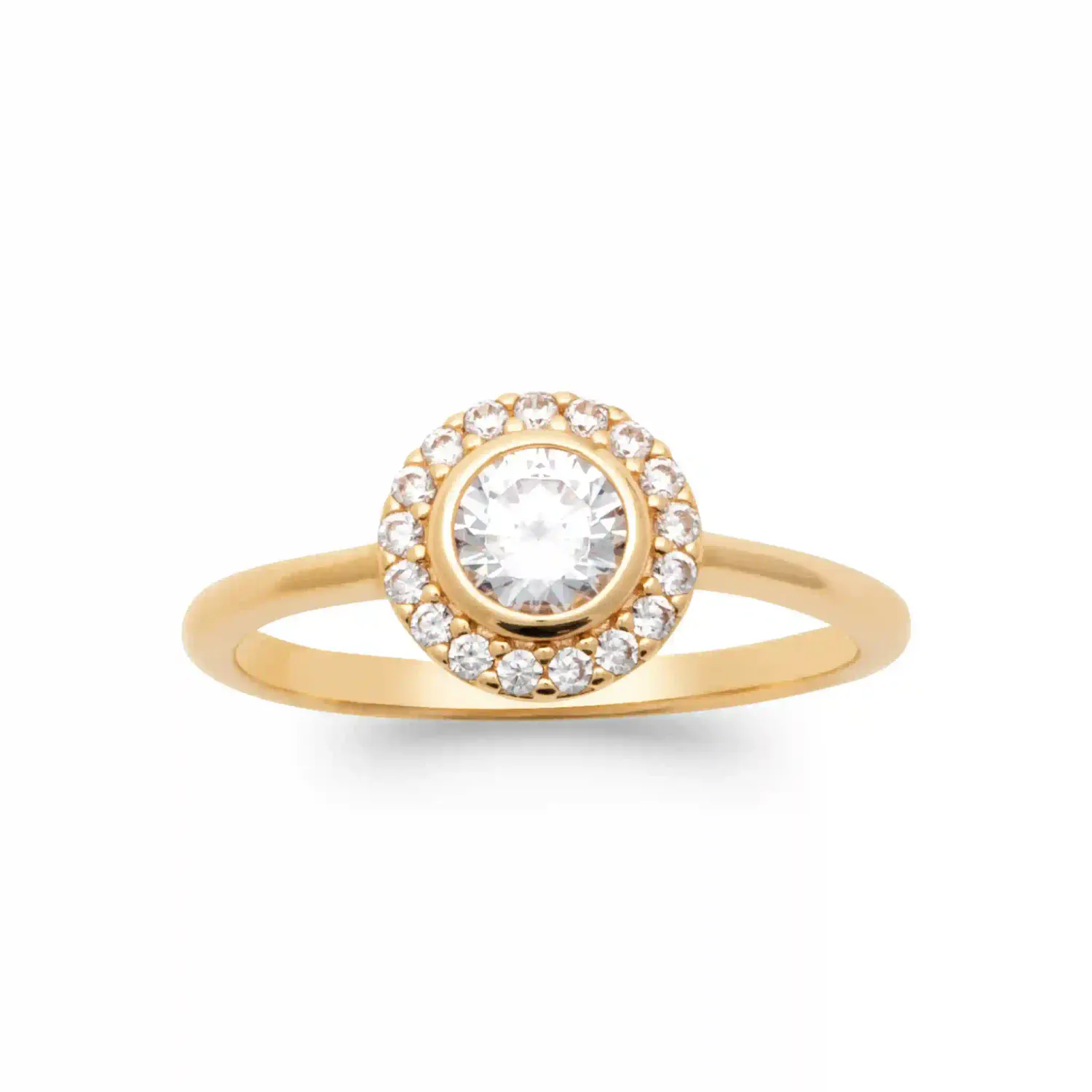 Oriana France halo bague plaqué or zircons pierre centrale