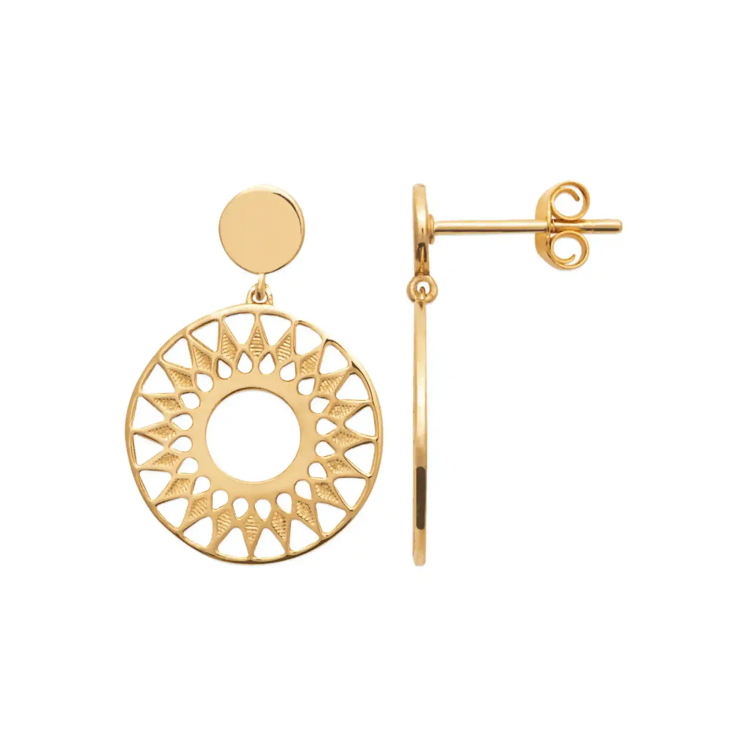 Oriana France boucles pendantes grand soleil plaqué or ajouré