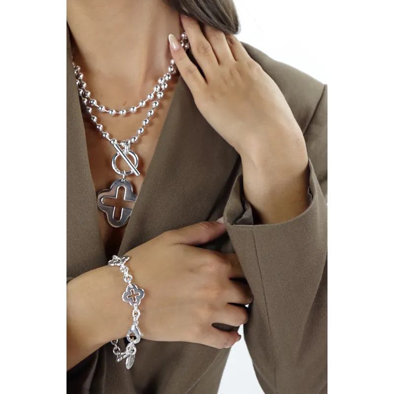 Secret de Cuir N°1531 bracelet forçat trèfle argenté