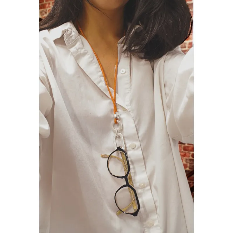 Secret de Cuir N°198 cordon lunettes cuir ovale argenté