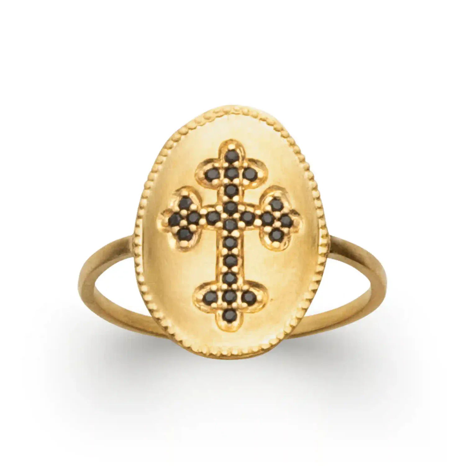 Oriana France croix zircons noirs bague plaqué or longue