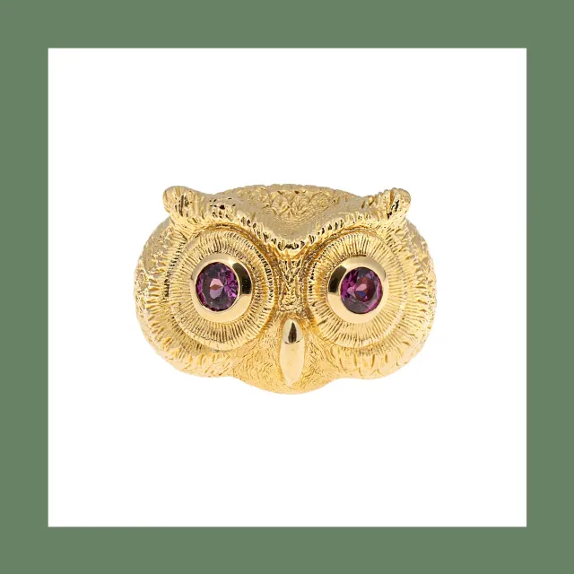 Lorella Tamberi Canal Artemis chouette bague dorée rhodolite