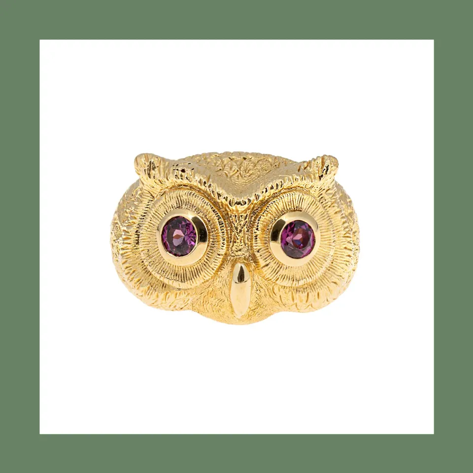 Lorella Tamberi Canal Artemis chouette bague dorée rhodolite