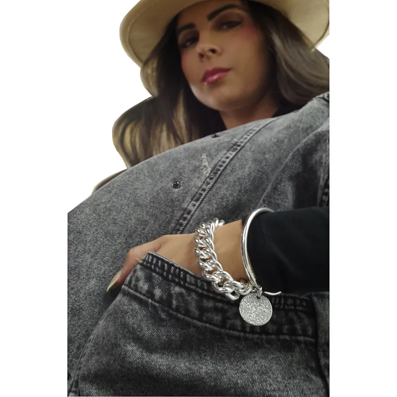 Secret de Cuir N°1521 jonc pastille nervurée plaqué argent