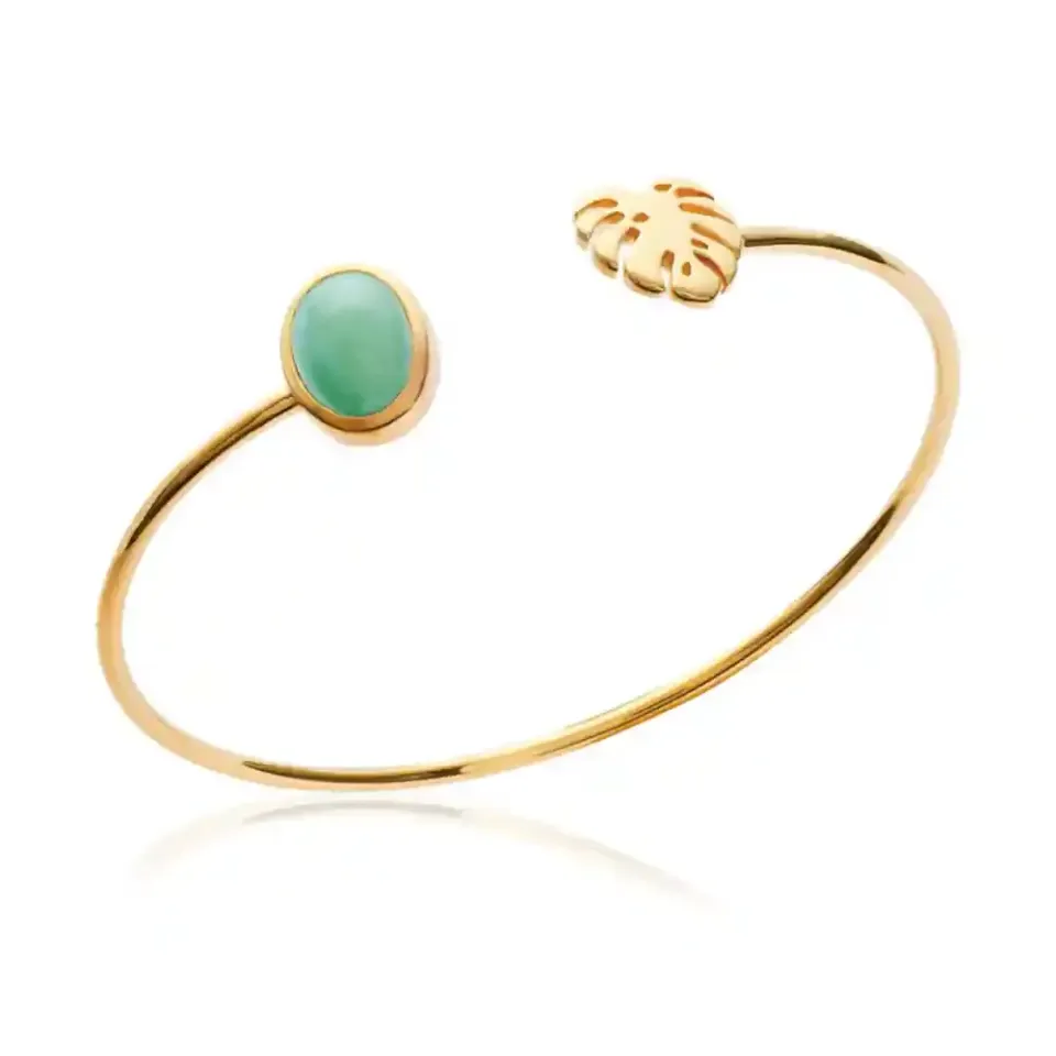 Oriana France jonc aventurine feuille palmier bracelet doré