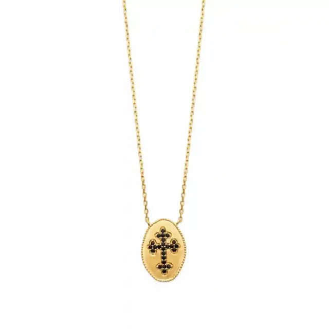 Oriana France collier croix noire plaqué or pierres noires