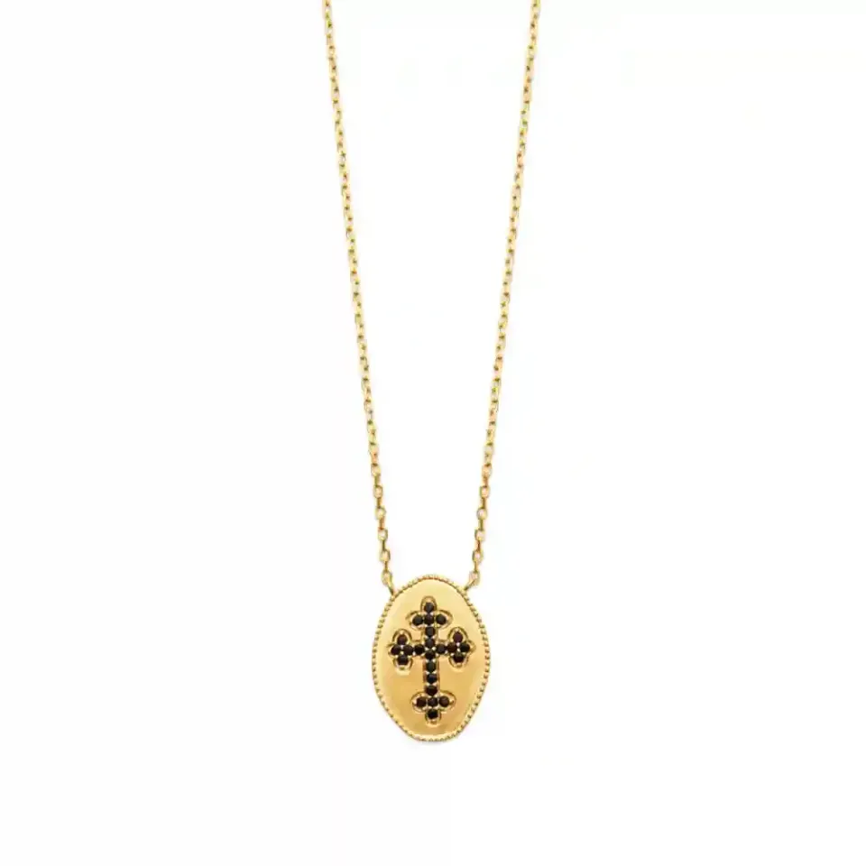 Oriana France collier croix noire plaqué or pierres noires