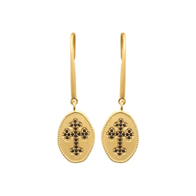 Oriana France Croix Noire boucles pendantes plaqué or