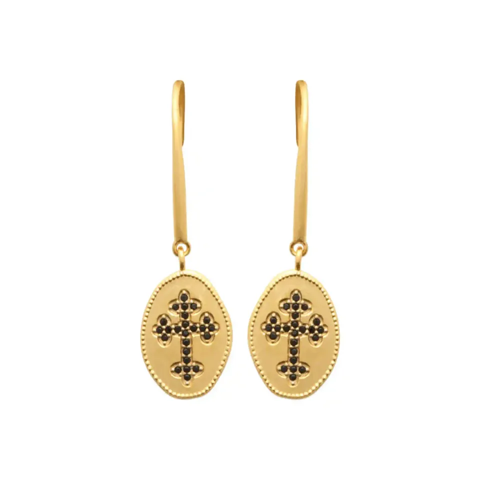 Oriana France Croix Noire boucles pendantes plaqué or