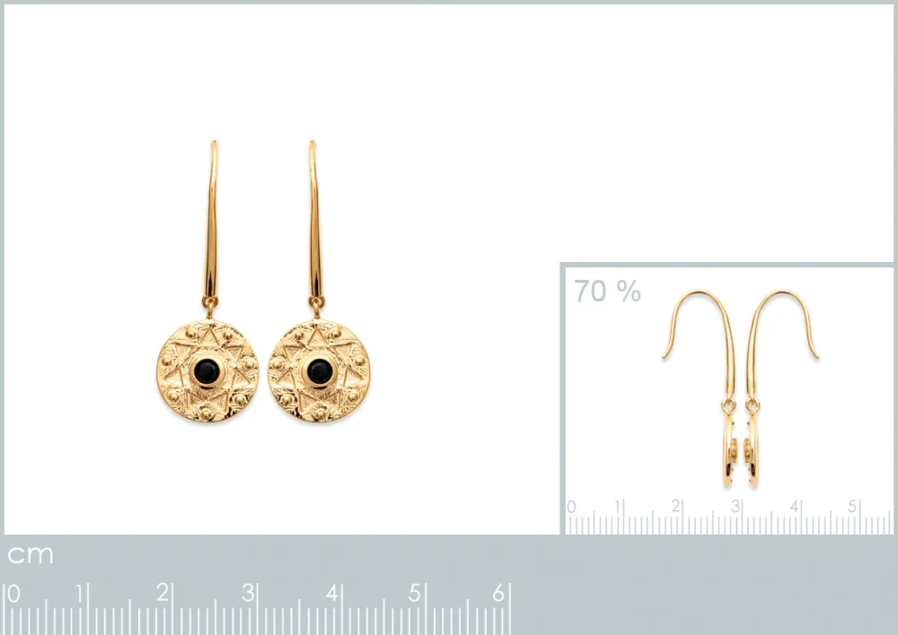 Oriana France boucles d’oreilles pendantes ethniques onyx plaqué or