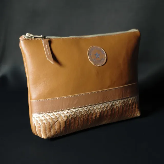 Secret de Cuir camel serpent pochette cuir vachette 25 cm