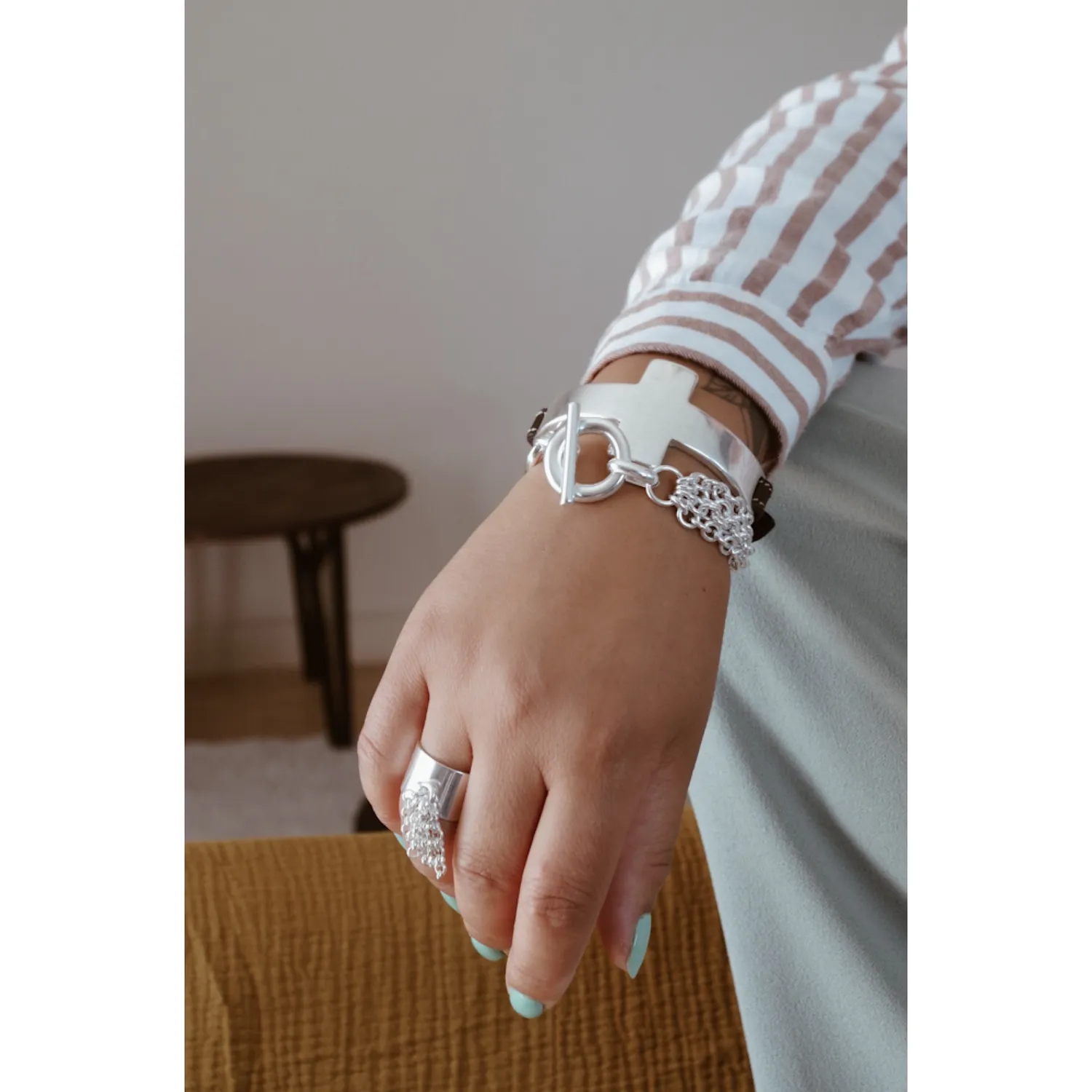 Secret de Cuir N°1018 bracelet 3 rectangles chaînes argent