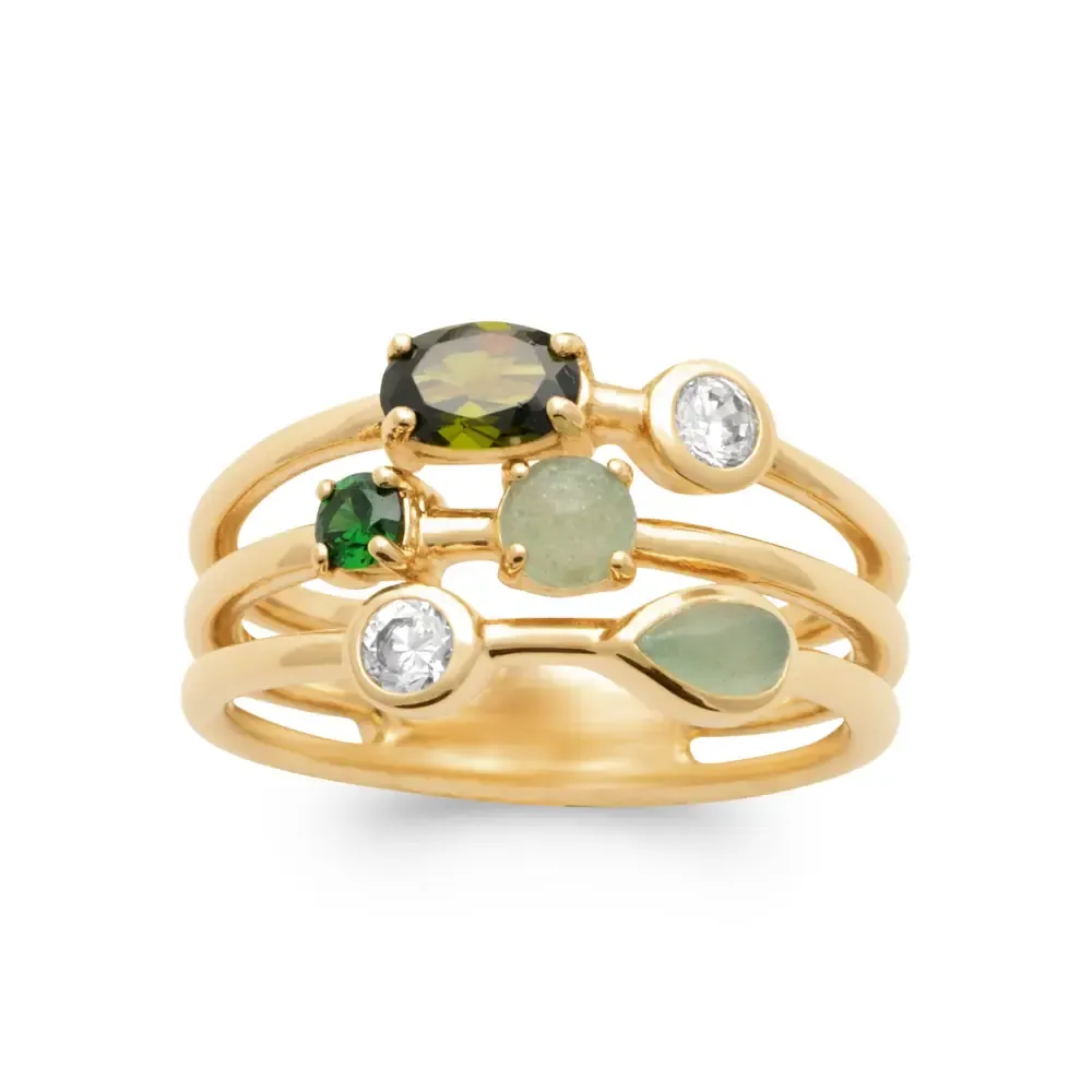 Oriana France bague trio anneaux plaqué or émeraude verte