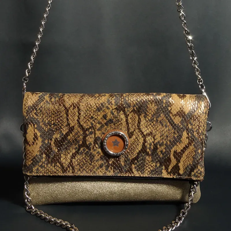 Secret de Cuir pochette serpent marron bouée cuir doré