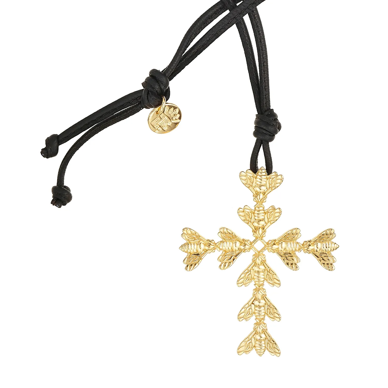 Lorella Tamberi Canal Bee Queen croix abeilles collier cuir noir 80 cm