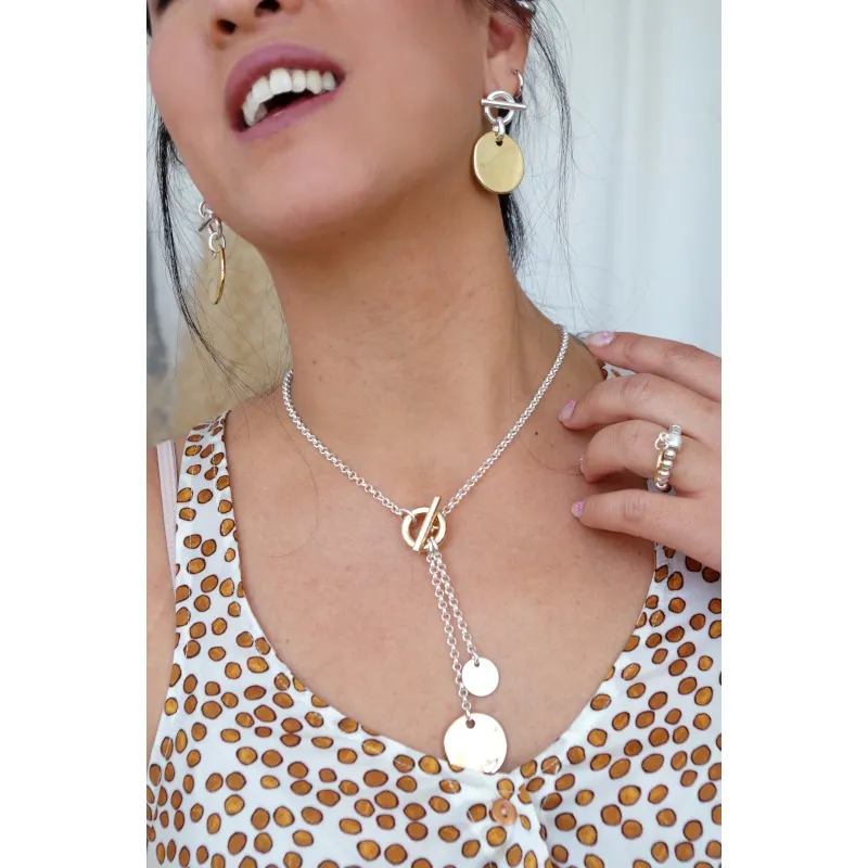 Secret de Cuir N°1626 collier 2 pastilles bicolore argenté