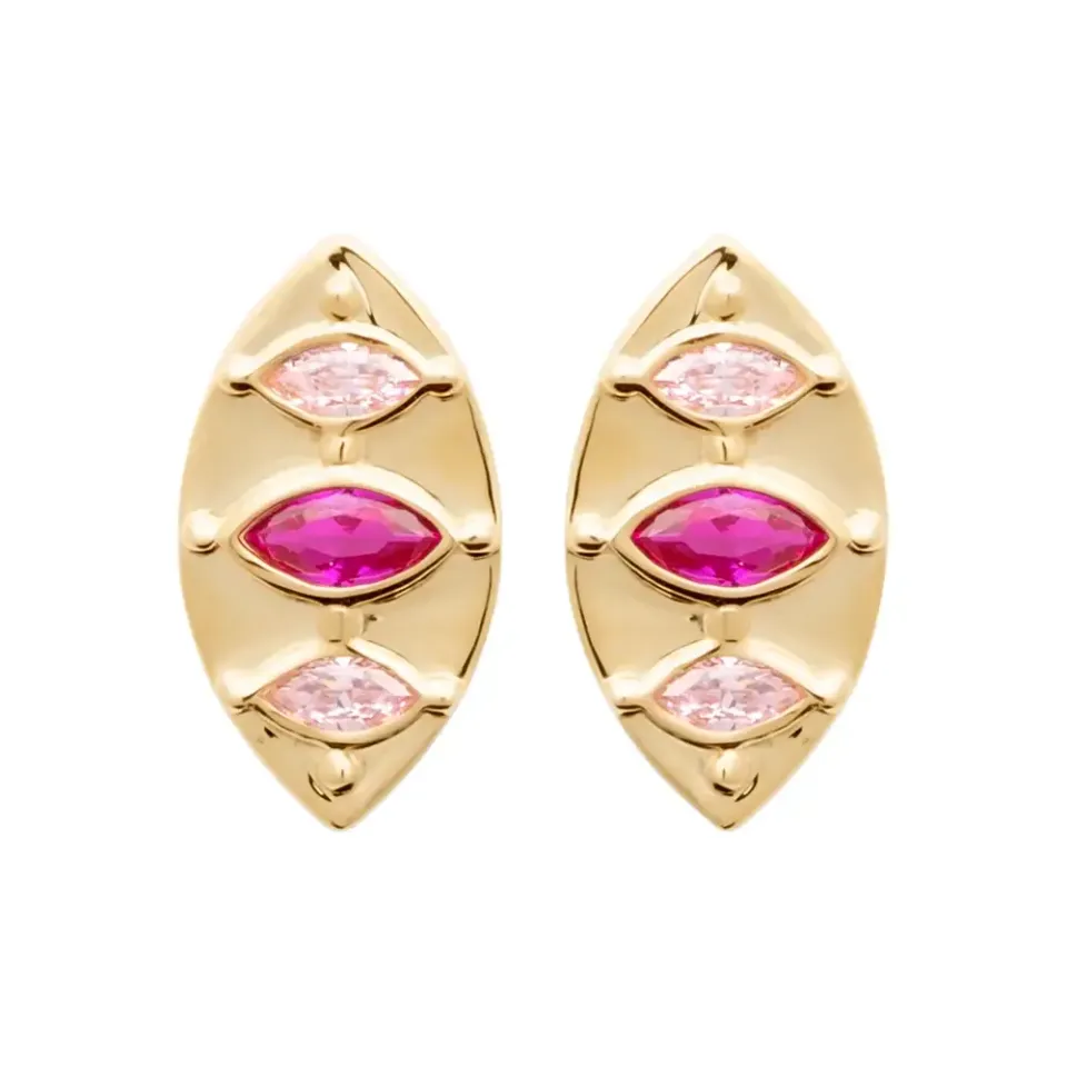 Oriana France losanges rubis quartz rose clous d’oreilles plaqué or