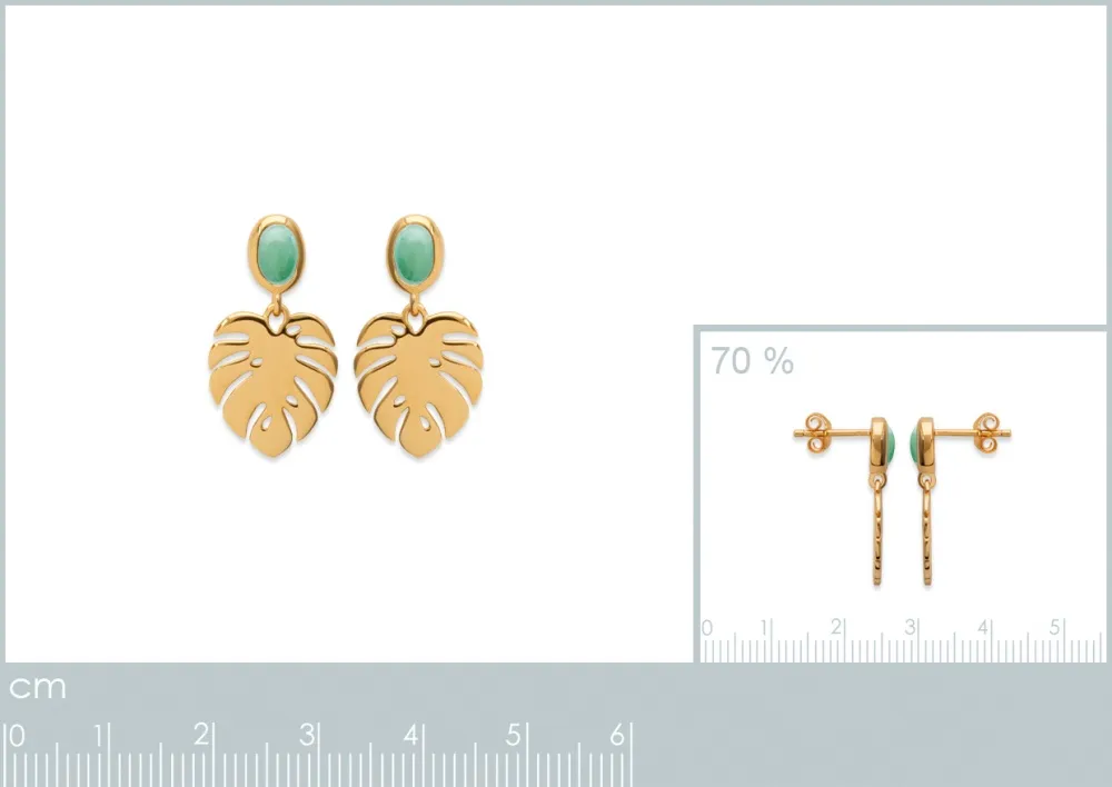 Oriana France feuille palmier aventurine boucles plaqué or