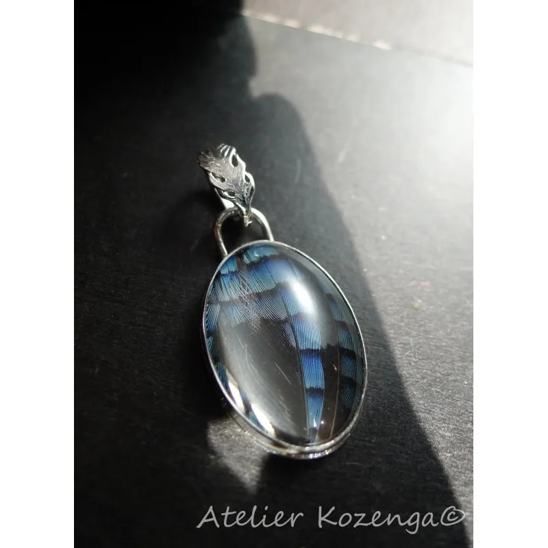 L'Atelier Kozenga Geai pendentif argent plumes bleues