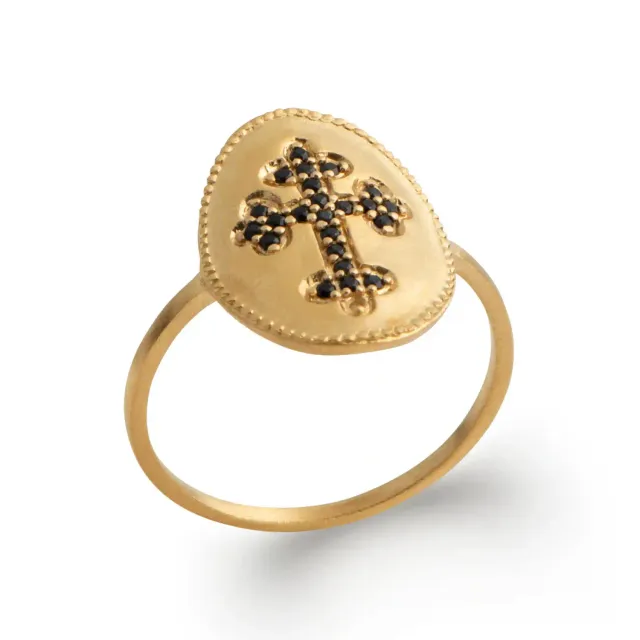 Oriana France croix zircons noirs bague plaqué or longue