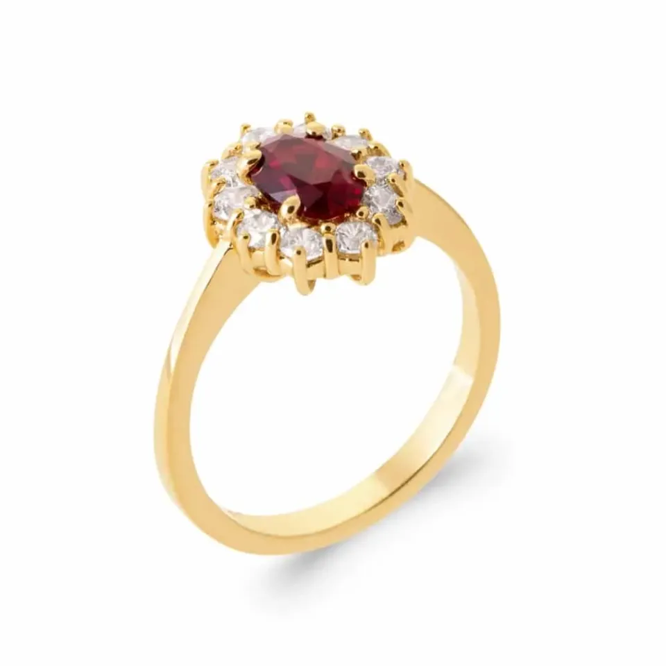Oriana France bague halo plaqué or pierre rouge ovale