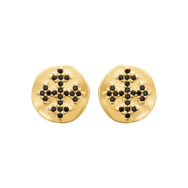 Oriana France clous d'oreilles croix noire plaqué or pierres noires