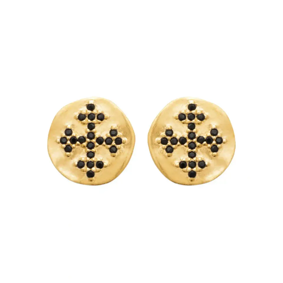 Oriana France clous d'oreilles croix noire plaqué or pierres noires