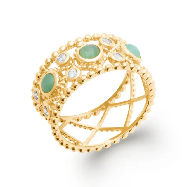 Oriana France bague couronne plaqué or aventurines vertes
