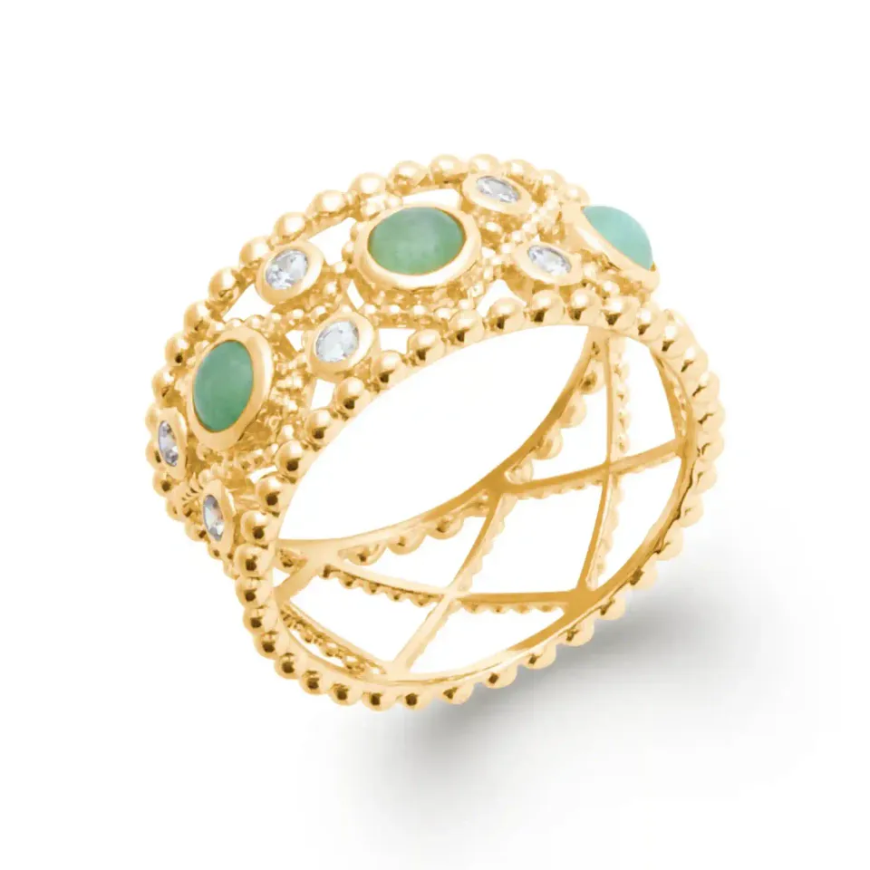 Oriana France bague couronne plaqué or aventurines vertes