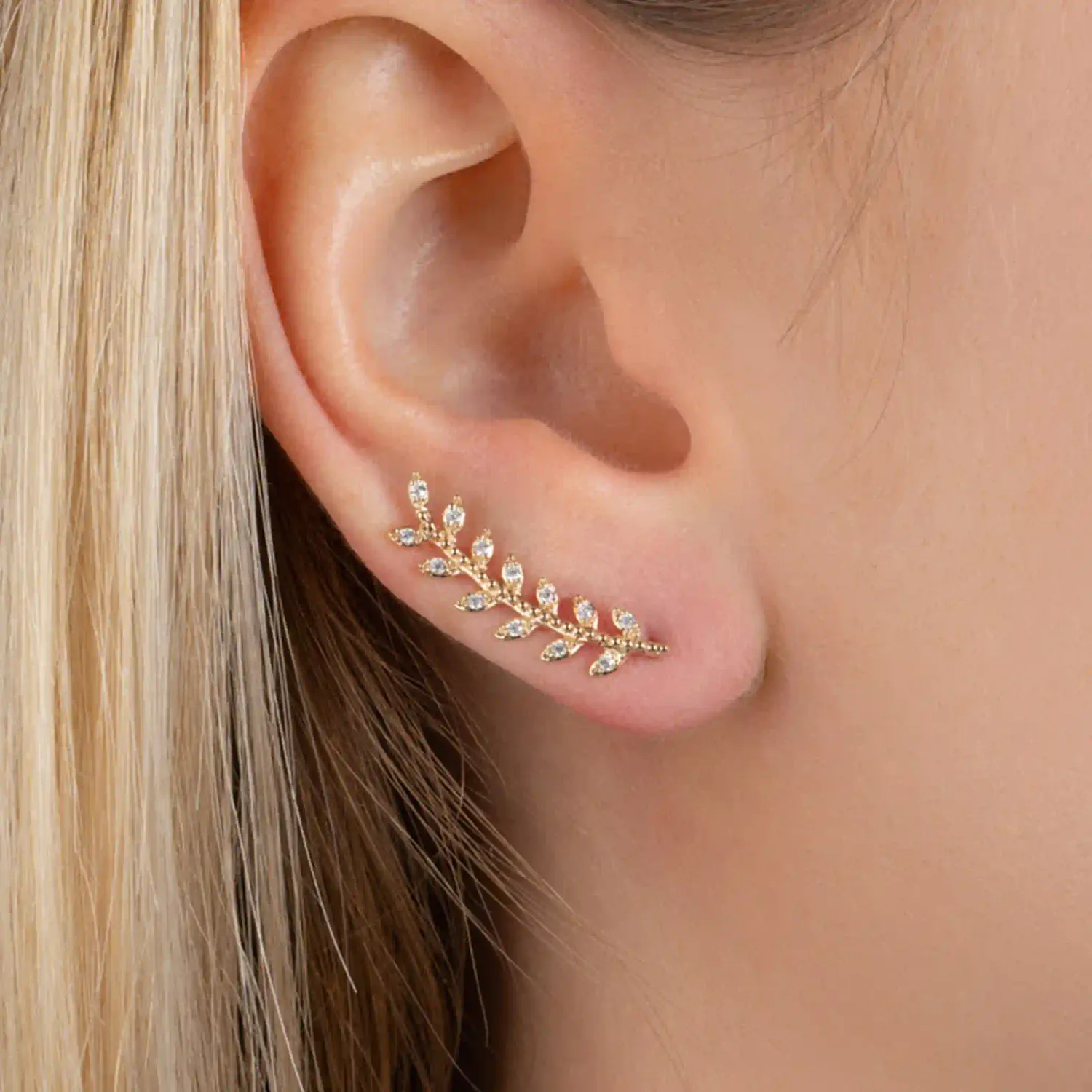Oriana France boucles d'oreilles grimpantes zircons plaqué or laurier