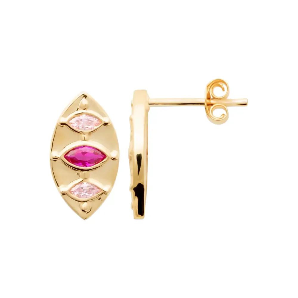 Oriana France losanges rubis quartz rose clous d’oreilles plaqué or