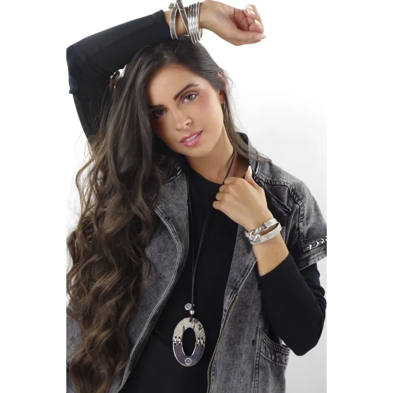 Secret de Cuir N°1436 sautoir ovale cuir argenté