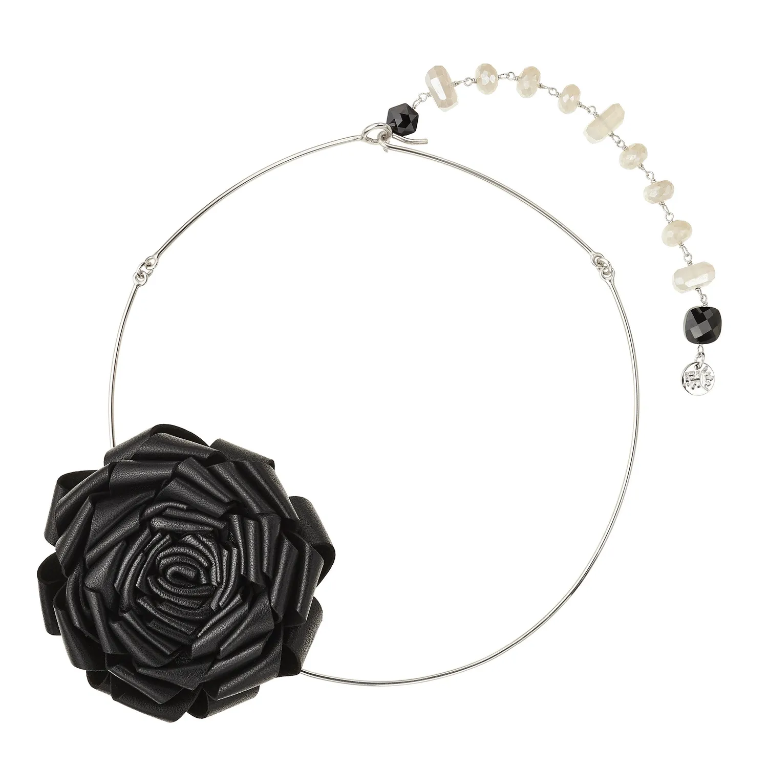 Lorella Tamberi Canal Roses collier cuir noir fleur 47cm