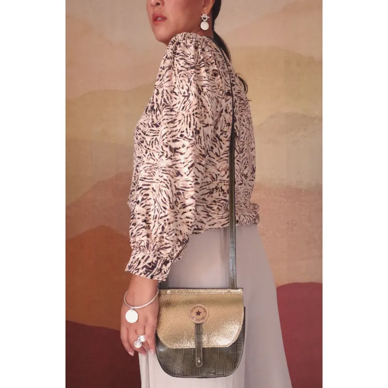 Secret de Cuir Besace sac bandoulière cuir kaki rabat doré