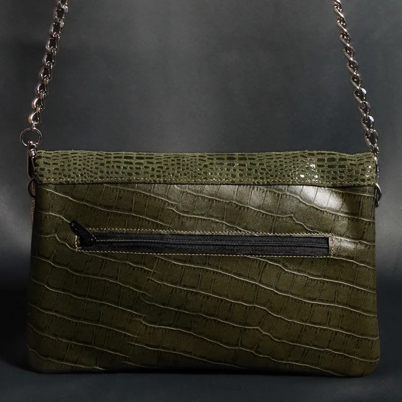 Secret de Cuir pochette cuir serpent kaki chaîne 26 cm